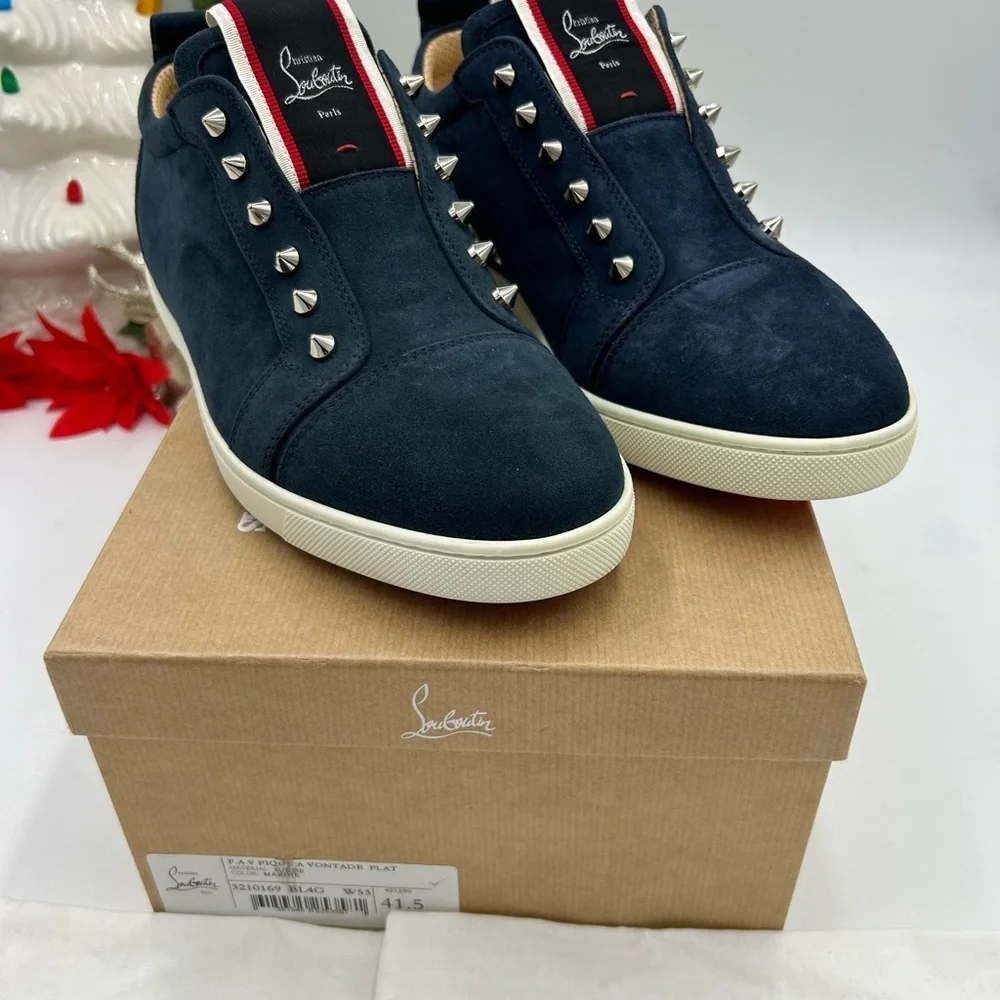 Christian Louboutin Navy Suede Spike-Embellished Sneakers with Red Accent